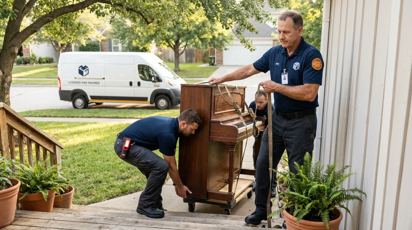 Licensed piano movers securing grand piano in Troy, NC
